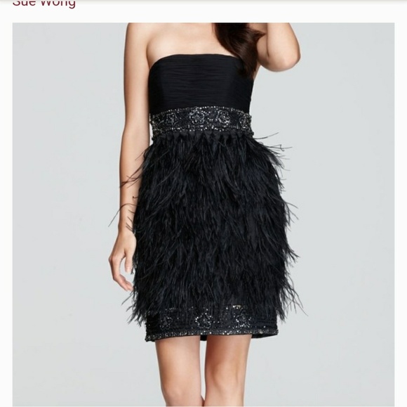 black strapless dress with feathers
